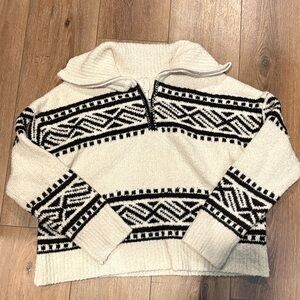Joie Womens Cream Black Aztec Pattern Partial Zip Chunky Sweater Size Medium